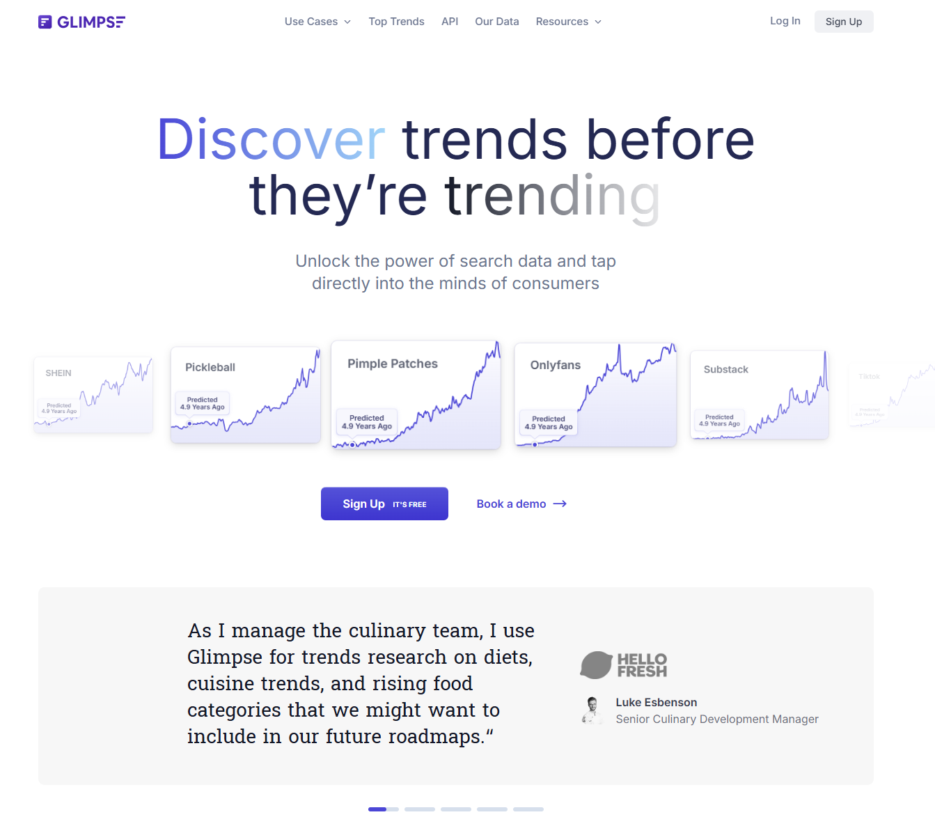 Page d'accueil de Glimpse : bannière « Discover trends before they're trending », cartes SHEIN, Pickleball, Pimple Patches, Onlyfans, Substack et témoignage client HelloFresh